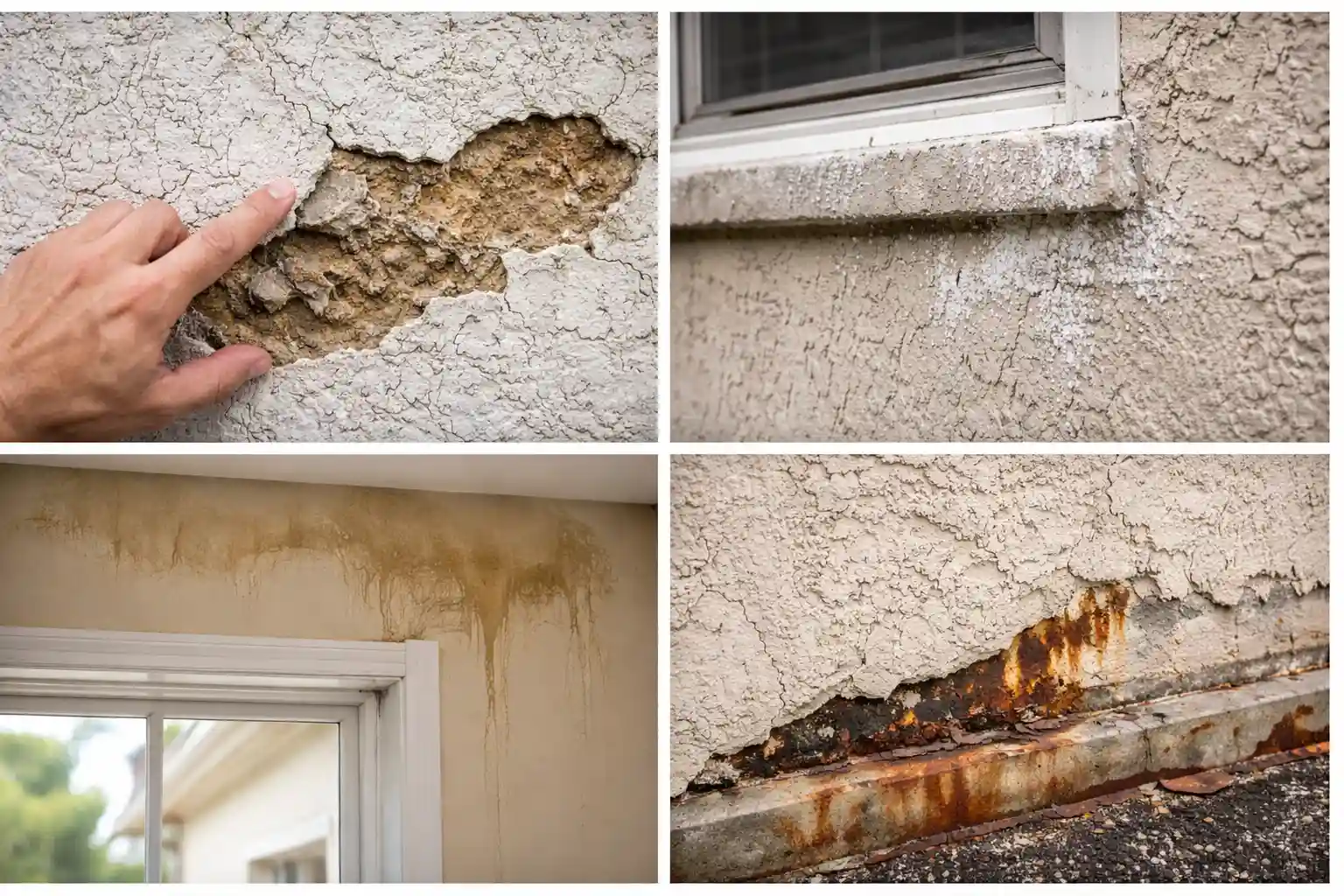 collage of stucco and EIFS moisture intrusion signs: cracks, stains, efflorescence, rust