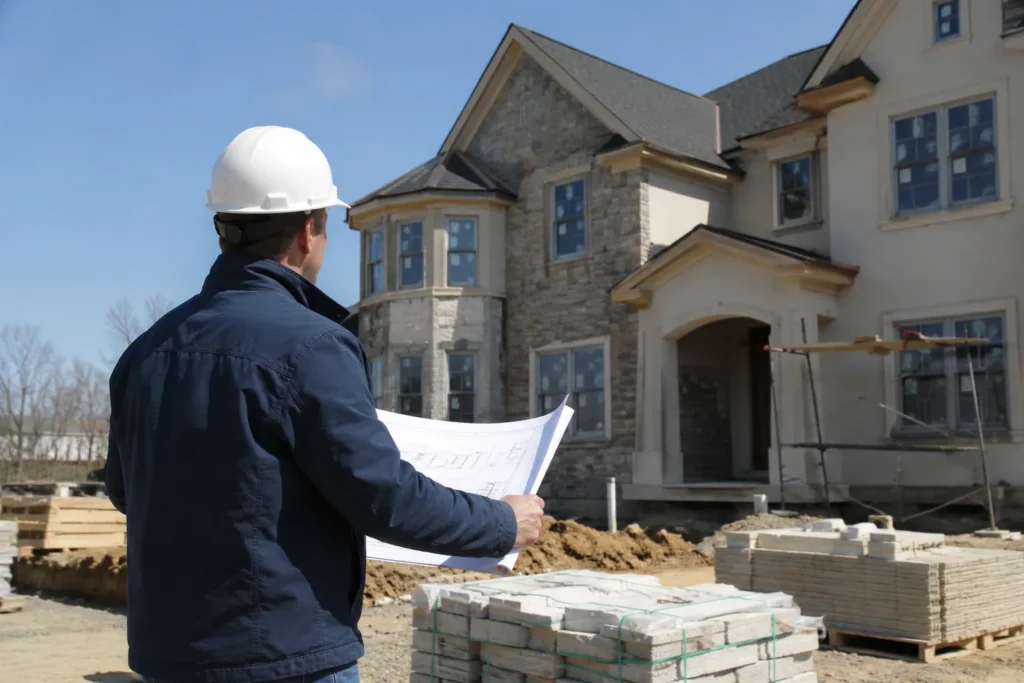 Builder reviewing plans beside a new stucco and stone home under construction
