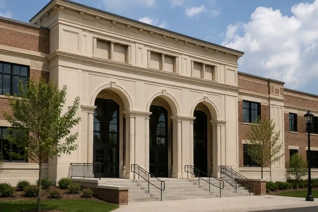 Commercial building with durable plaster and masonry finishes in North Jersey