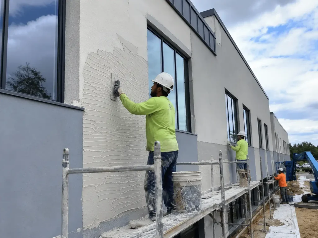 Crew installing EIFS facade panels from a boom lift on a commercial building in North Jersey for Plaster Pro Stucco Contractors