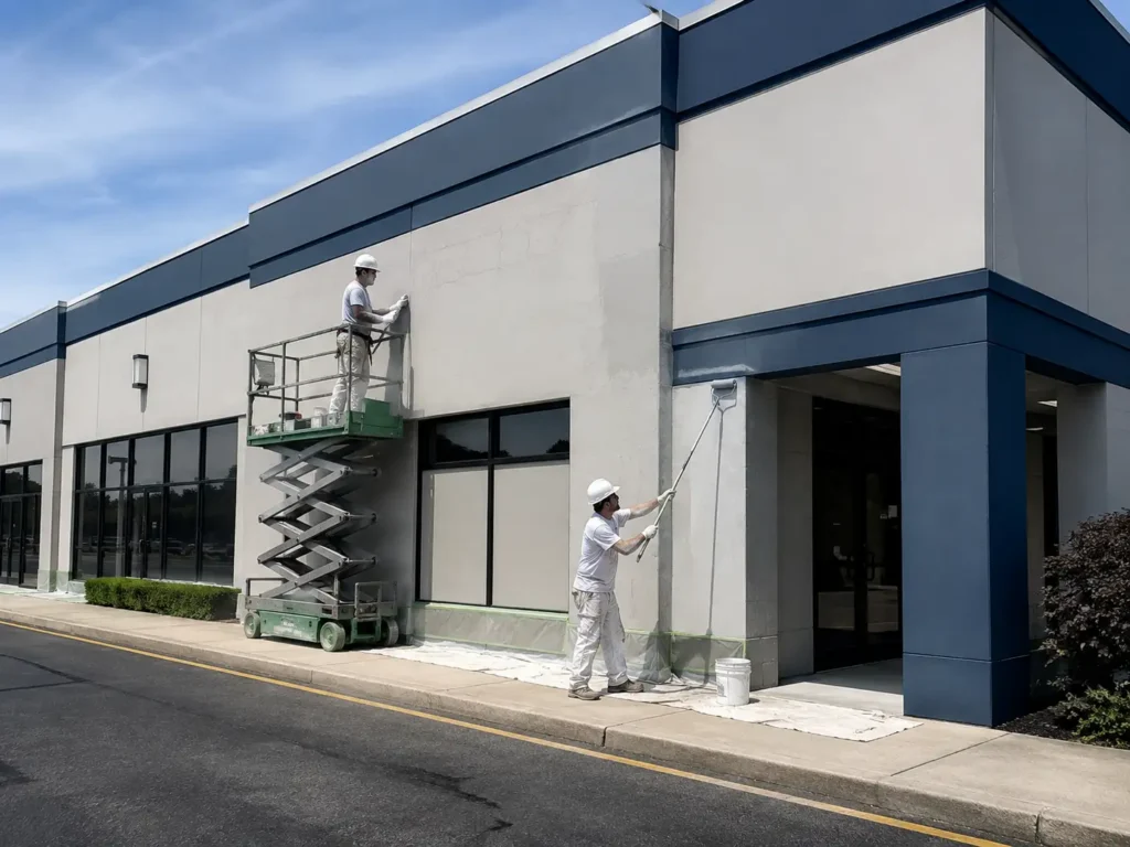 Crew painting a commercial facade exterior on a North Jersey retail building