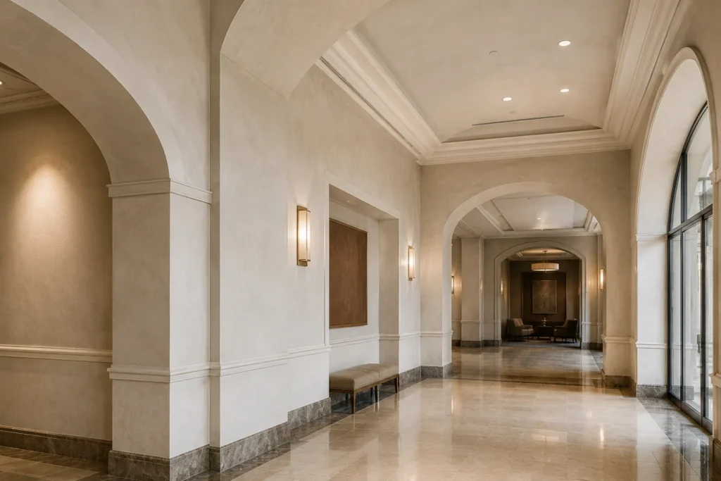 Finished plaster arches and walls in a commercial interior in North Jersey