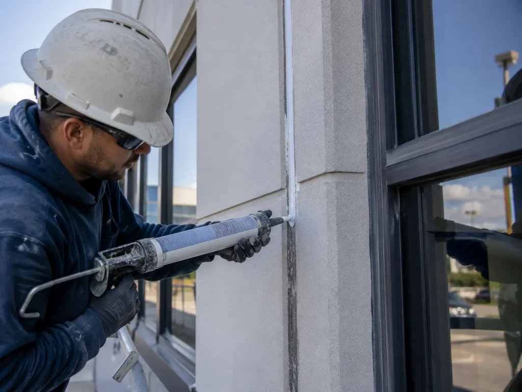 Worker applying sealant to exterior joint on a commercial building in North Jersey