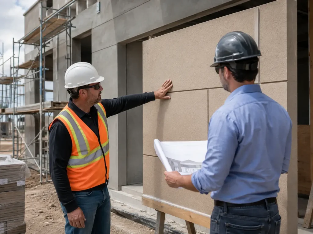 Contractor reviewing stucco mockup panel at a commercial construction site