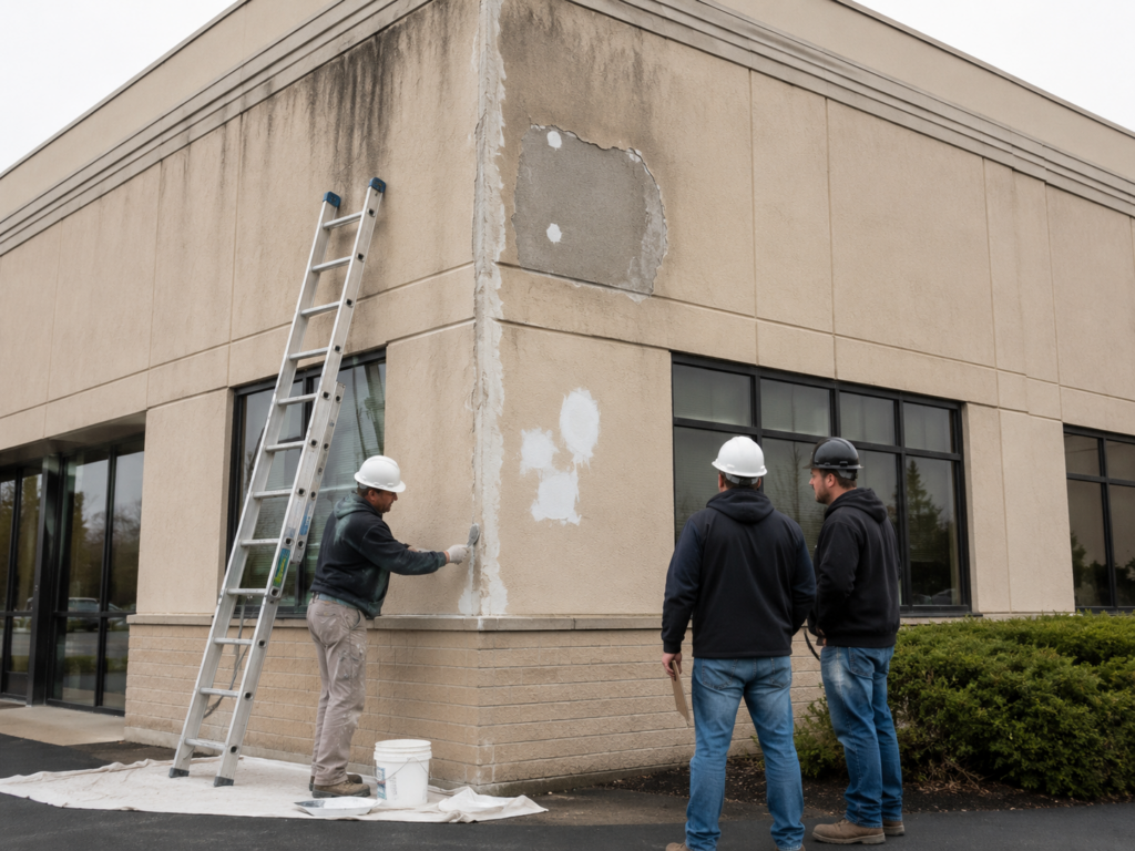 Commercial stucco wall repair before exterior coating on a North Jersey building