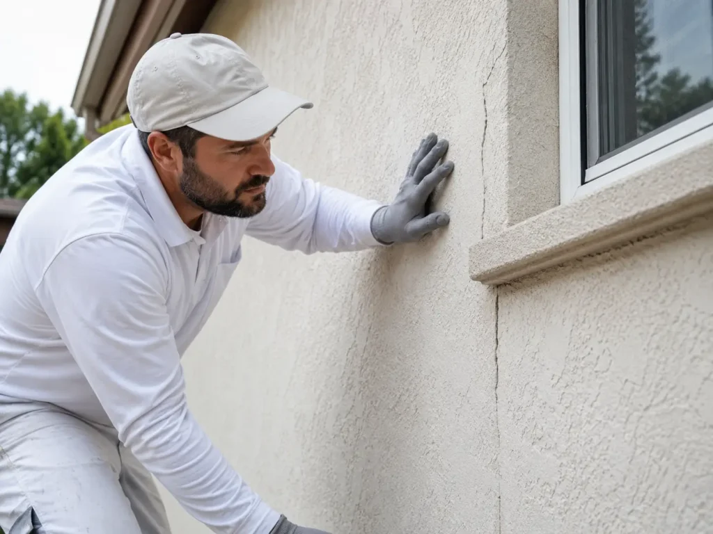 Contractor inspecting cracked stucco wall before elastomeric coating
