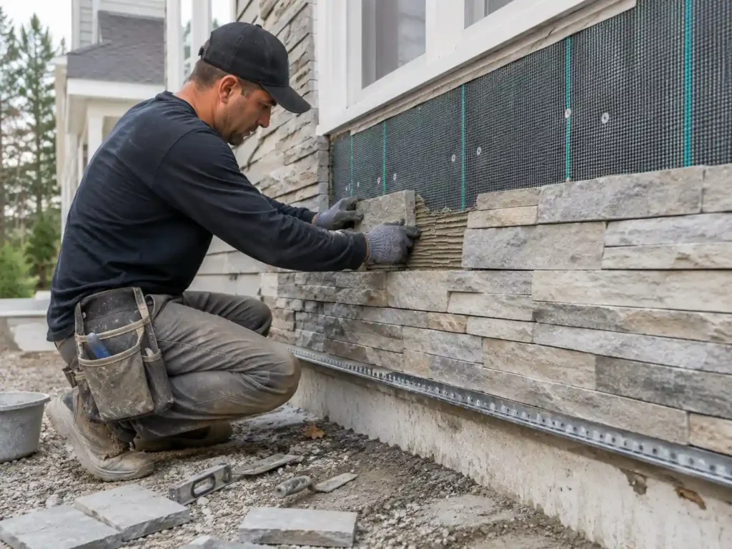 Contractor installing stone veneer on an exterior wall with drainage detail