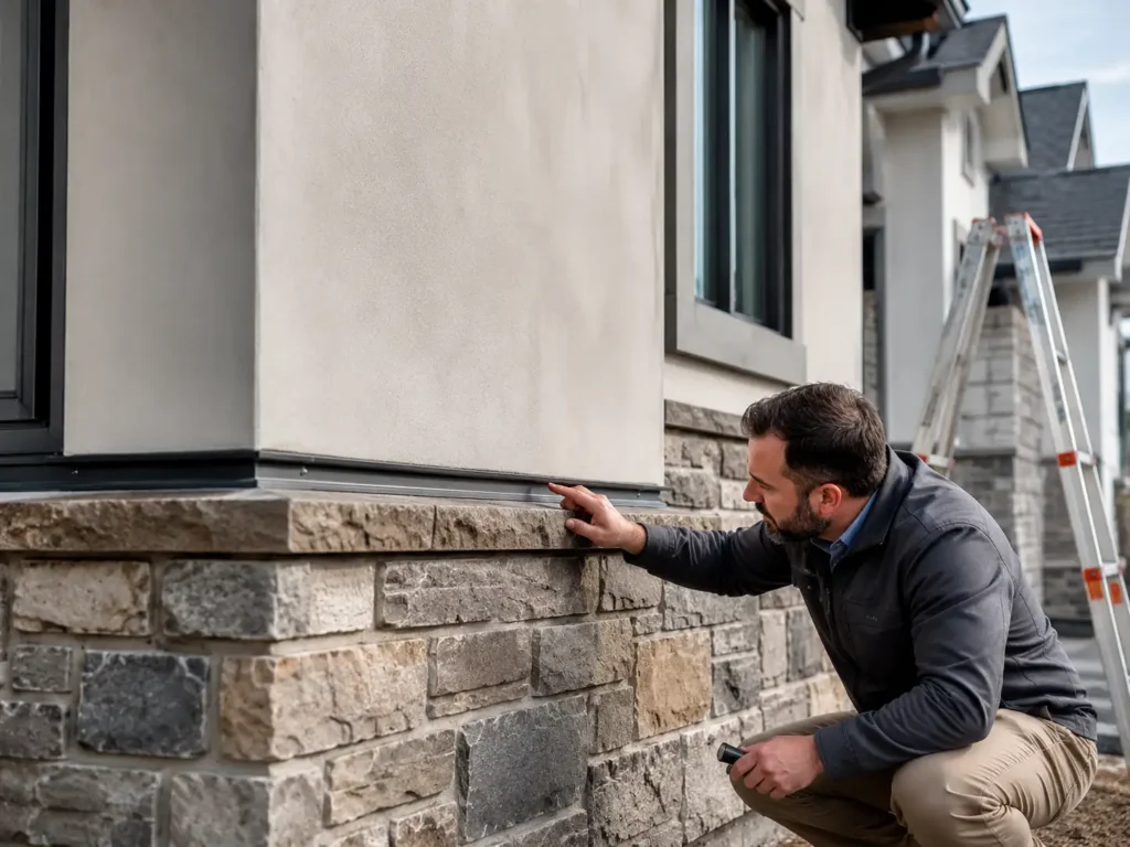 Inspector checking stucco-to-stone transition on a new home exterior