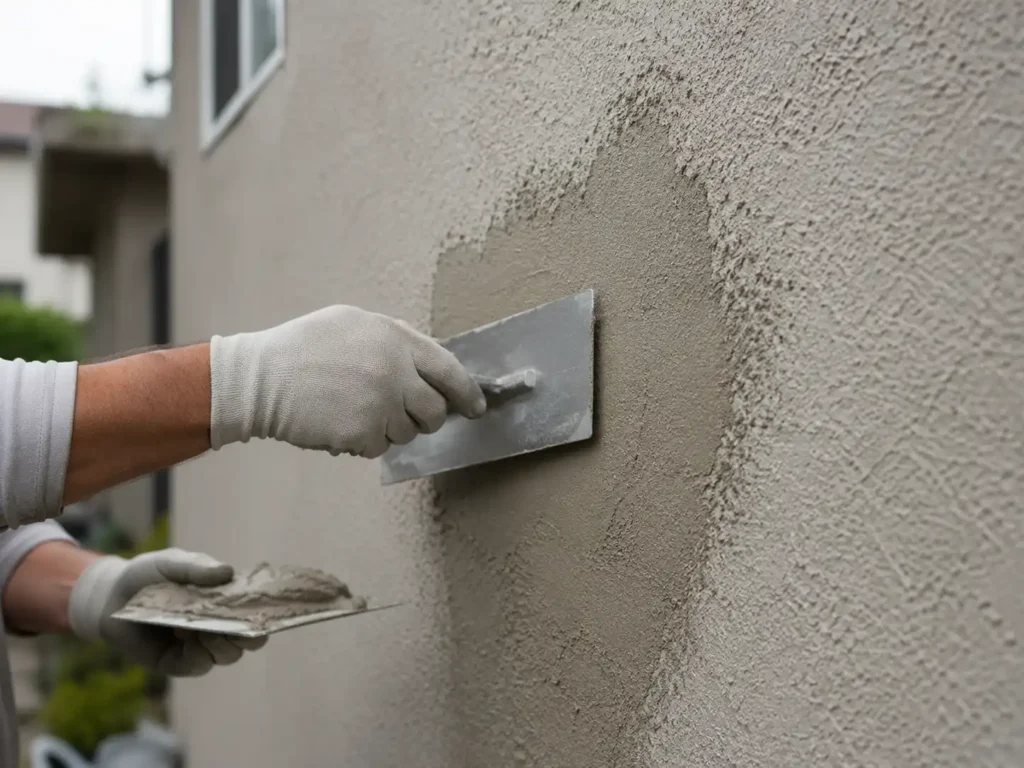 Freshly matched stucco patch blended into an existing wall finish in Westfield NJ by Plaster Pro Stucco Contractors