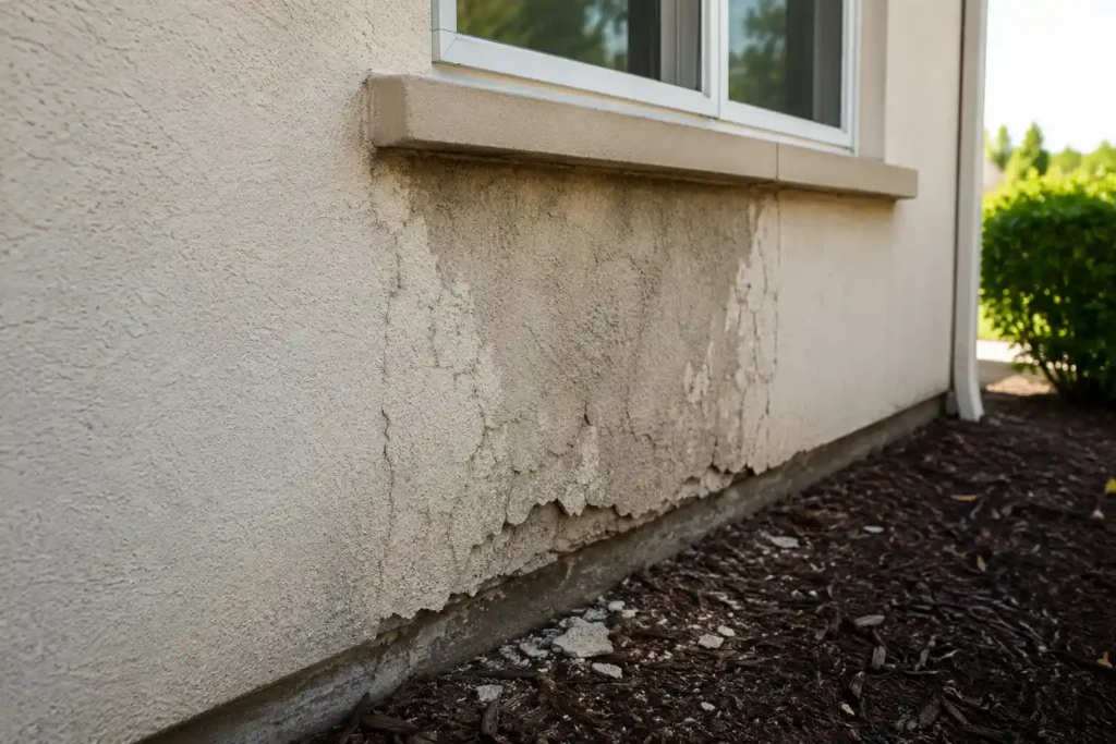 Water-damaged stucco wall below window before elastomeric coating repair